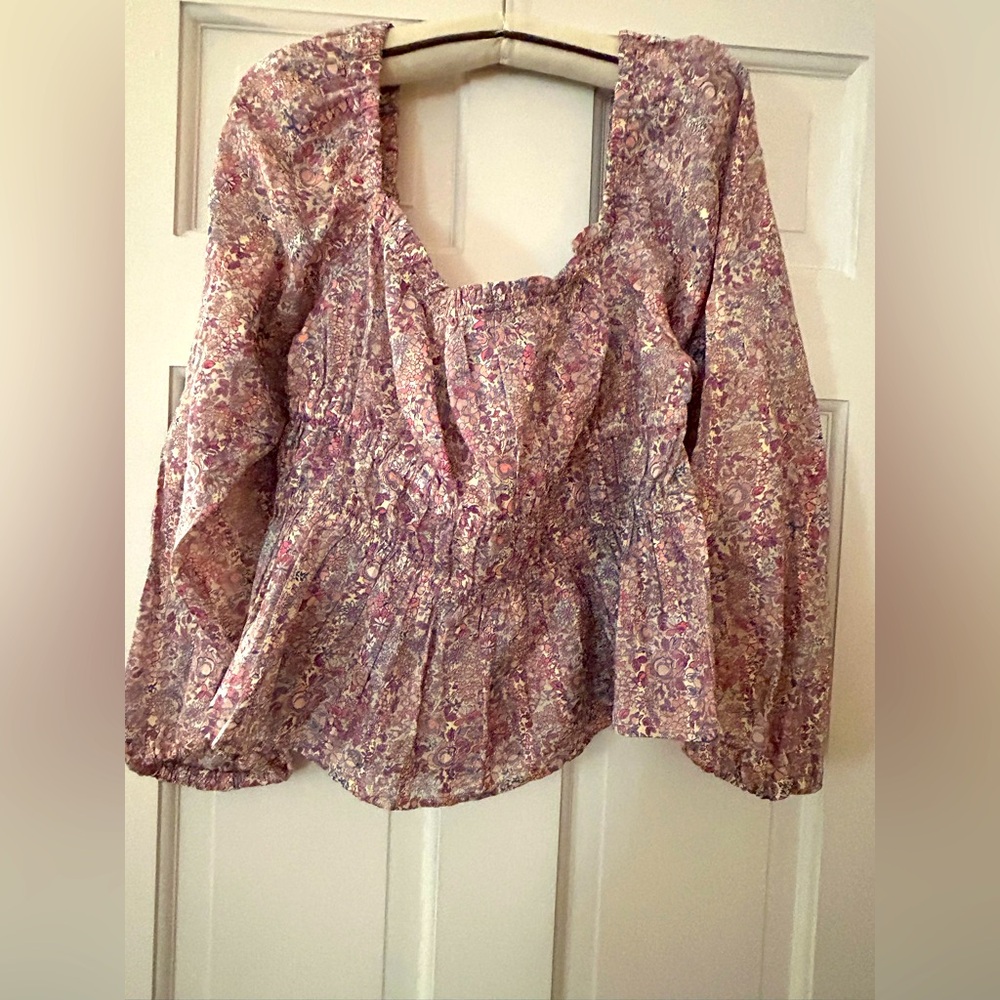 J. Crew Floral Peplum Top Blouse Peasant Shirt Excellent L Large